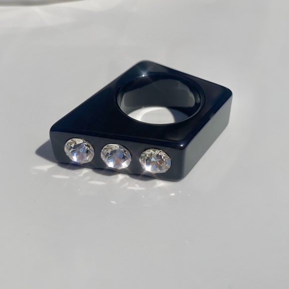 Black Acrylic Statement Ring Embellished With Genuine Crystals, Geometric Design - Picture 9 of 13